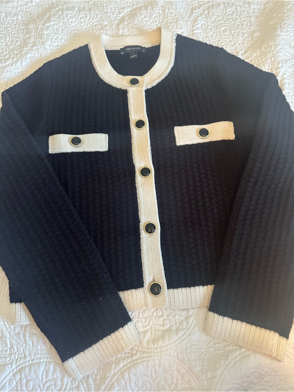 Ann Taylor Black and Cream Contrast-Trim Button Sweater Jacket - Picture 6 of 9